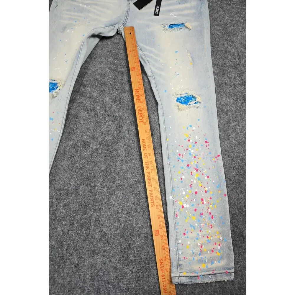 Tulones Jeans Mens 44x33 Distressed Skinny Paint Splatter Denim Stretch Hip Hop
